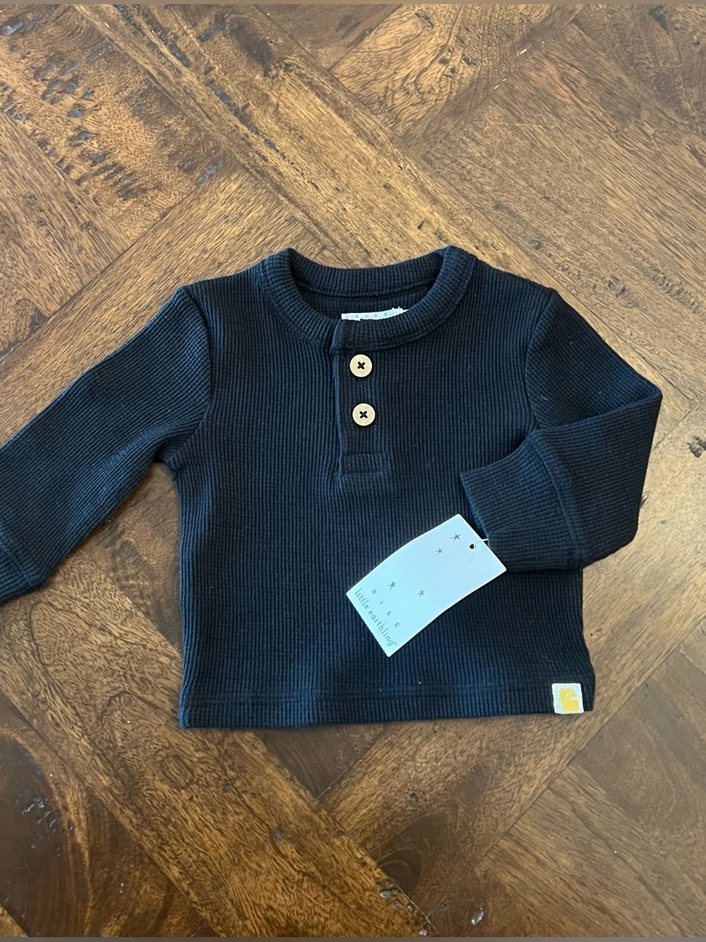 Rise Little Earthling Black Waffle-Knit Henley Long Sleeve Top